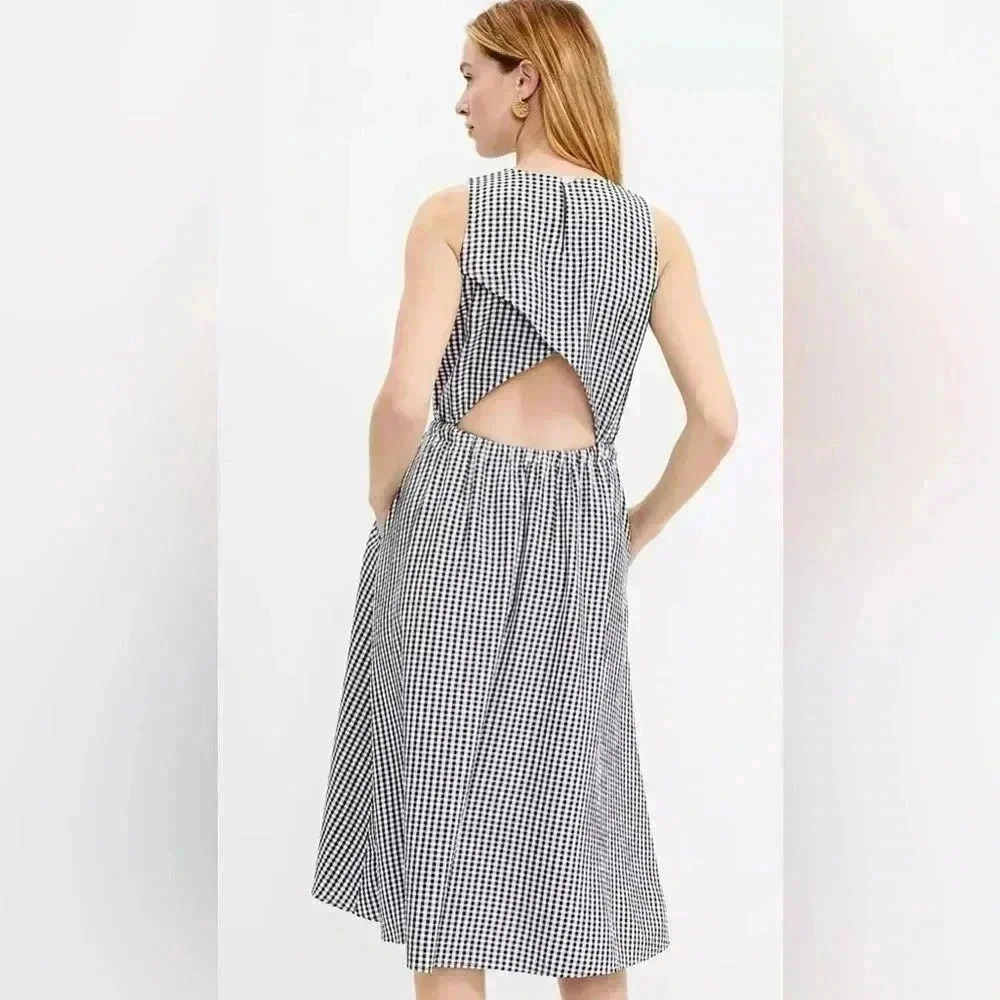 Loft Black & White Gingham Crossover Open Back Pocket Midi Dress in XXSP - Picture 8 of 9